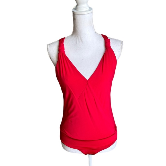 Bebe Red Halter V neck Bodysuit Top Size Small - Picture 1 of 17
